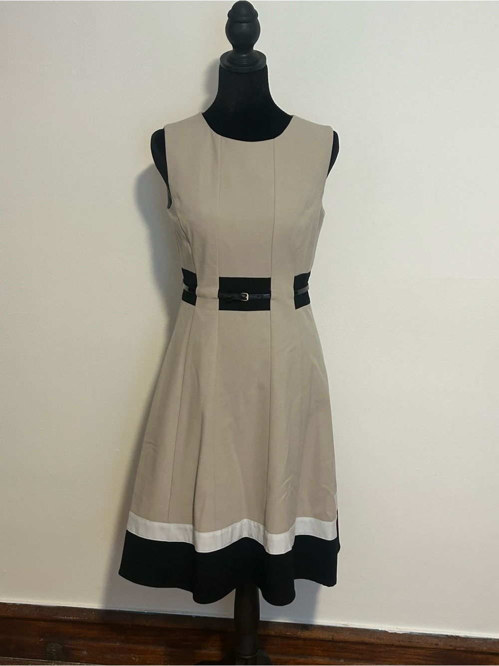 Calvin Klein Colorblock Fit & Flare Dress Beige Black Belted Size 2